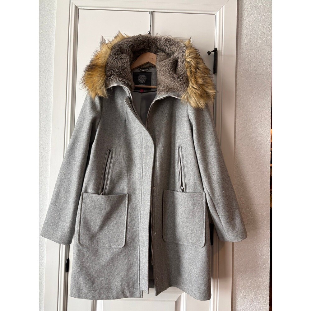 Vince Camuto Gray Wool Coat w/ Faux Fur Hood – Women’s Large